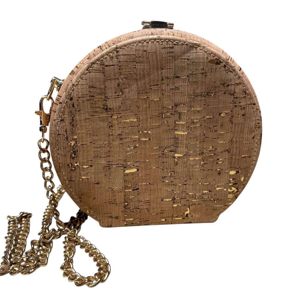 Gold Flecks Faux‎ Cork Chain Crossbody Bag Coastal Boho Detach Strap Round Purse